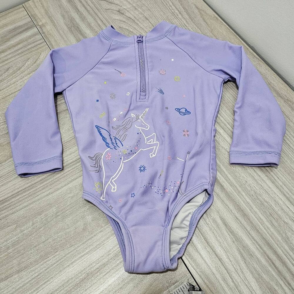 Hanna Andersson Purple Unicorn Pegasus Swimsuit One Piece Long Sleeve 2T girl